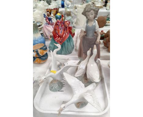 A Nao group, girl with 2 geese; 3 Lladro geese 