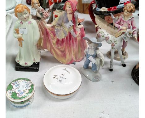 A Royal Doulton figure "Sweet Anne"; a Royal Worcester parakeet figure; decorative china.&nbsp; Sweet Anne: Chip to hat sash,