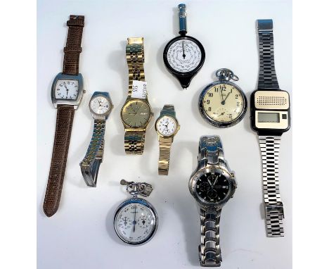 A selection of vintage watches:  a Seiko quartz; a Citizen quartz; a 1970's talking watch; a measuring pocket watch; etc. 