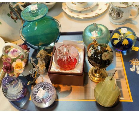 A Mdina art glass vase, a boxed Edinburgh Crystal decanter, A Stuart Crystal vase and a selection of glass paperweights etc 