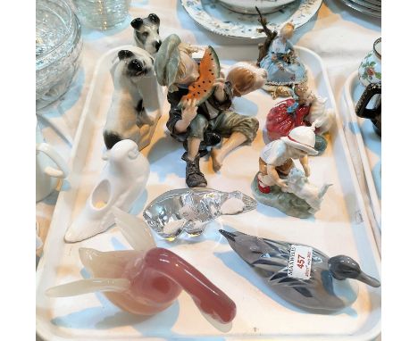 A Royal Doulton figure "Home Again"; a Royal Worcester figure "Snowy"; a Royal Copenhagen dog and duck; other figures and ani