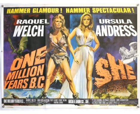 One Million Years B.C./She (1966) British Quad Double Bill film poster, signed by Ray Harryhausen, artwork by Tom Chantrell, 