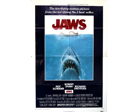 Jaws (1975) US One Sheet film poster, starring Richard Dreyfuss &amp; Roy Scheider, Universal, folded, 27 x 41 inches.       