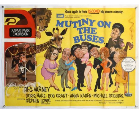 Mutiny On The Buses (1972) British Quad film poster, comedy starring Reg Varney, art by Arnaldo Putzu, Hammer Film Production