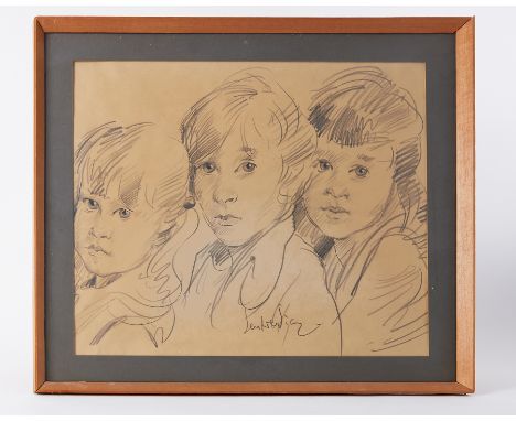 Robert Lenkiewicz (1941-2002) a signed pencil sketch 'Young Children' 37cm x 45cm, circa 70's, framed and glazed.