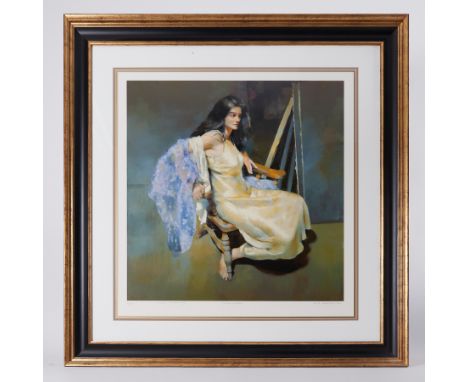 Robert Lenkiewicz (1941-2002) 'Esther Seated' signed limited edition print 16/475, also signed by Esther Dalloway, 60cm x 60c