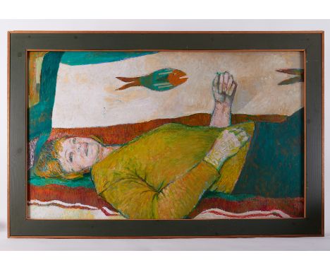 Ewart Johns (1923- 2013) Framed painting titled 'Barbara on Sofa with Fish Blanket' c.1981, oil on board, 99cm x 136cm.