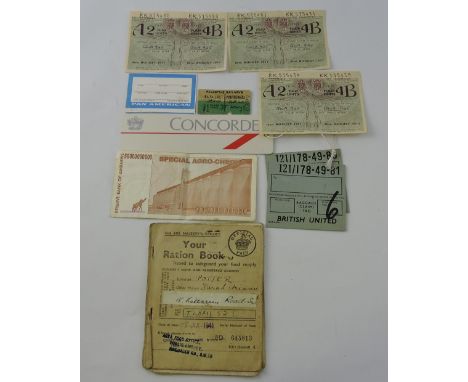 Palestine Railways, class 3 ticket, Maifa East / Port Tewfiq, 1945, 2 petrol rationing coupons, a ration book, a 50 billion Z