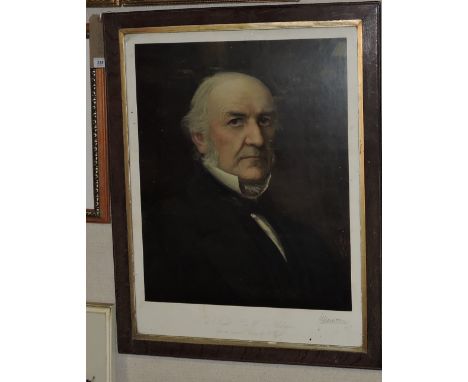After H Weigall, a large colour print of William Ewart Gladstone, 60cm x 47cm, framed.