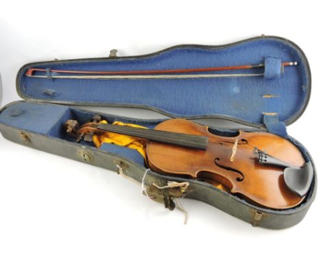 A 19th century German violin, bone label Richard Freidl; together with bow and hard case.