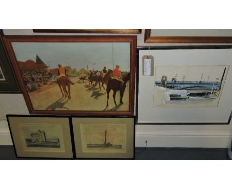 Edna Lumb, Southwark Bridge, watercolour 27cm x 39cm; together with a Degas print illustrating a horse racing scene and two f