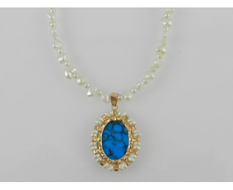 An Egyptian 18ct gold mounted turquoise and pearl pendant, set single string pearl necklace. 
