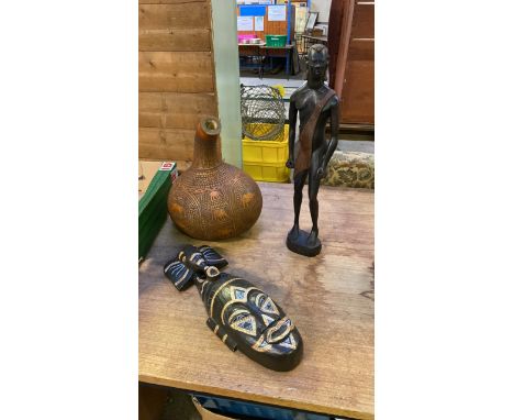  Sale Item:    BOX WOODEN FIGURE MASK &amp; WATER CARRIER (AF)  Vat Status:   No Vat   Buyers Premium:  This lot is subject t