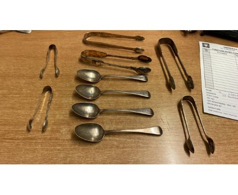  Sale Item:    SILVER SPOONS &amp; SUGAR TONGS   Vat Status:   No Vat   Buyers Premium:  This lot is subject to a Buyers Prem