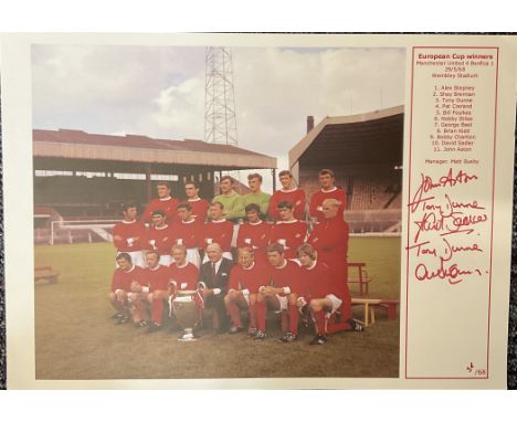 Football 5 Signed 16x12 inch Colour Print Showing Man Utd European Cup Winners 1968. Signed in Red Ink by John Aston, Tony Du