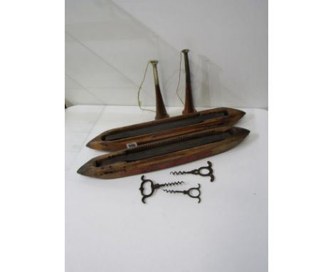 LOOM SHUTTLES, a pair of weaver's loom shuttles, 3 x 19th century corkscrews and a pair of copper hunting horns