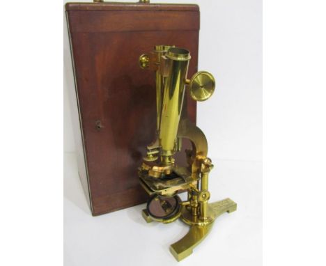 VICTORIAN BINOCULAR MICROSCOPE, by JR Dancer, No. 350, laquered brass body in original fitted case with accessories. Case hei