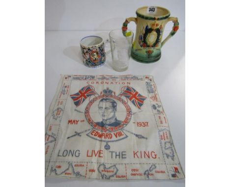 EDWARD VIII 1937 Coronation handkerchief, also twin handled tankard and glass tumbler, together with Laura Knight George VI t