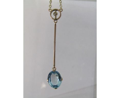 VINTAGE 9ct GOLD PENDANT ON CHAIN, yellow gold drop pendant, set an oval blue stone, possibly topaz with a 4.5cm drop on a 9c