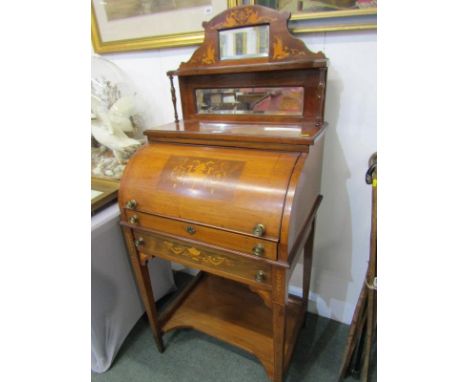 SHERATON REVIVAL, rosewood marquetry tambour topped lady's writing desk, chimera and vase inlaid details with shelf base and 