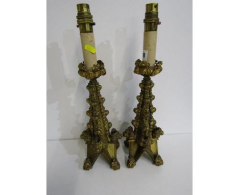 ANTIQUE LIGHTING, pair of gilded brass "Turret" design candlesticks converted, 30cm height