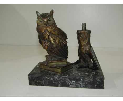 ANTIQUE NOVELTY TABLE LIGHTER in the form of wise owl on marble base, 12cm width