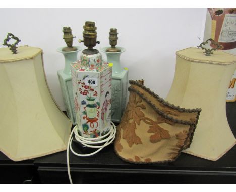 VINTAGE TABLE LAMPS, a pair of celadon oriental design square form tapering table lamp bases together with a hexagonal table 