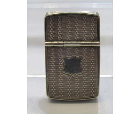 EARLY VICTORIAN TWIN COMPARTMENT VESTA, with engine turned and lined decoration with hinged lid to each compartment. Birmingh