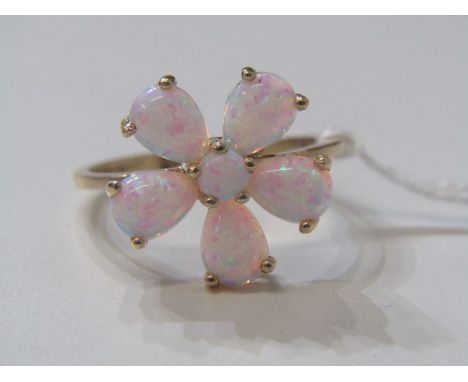 OPAL FLOWER CLUSTER RING, 9ct yellow gold ring set with an opal cluster, a central circular opal surrounded by 5 pear shaped 