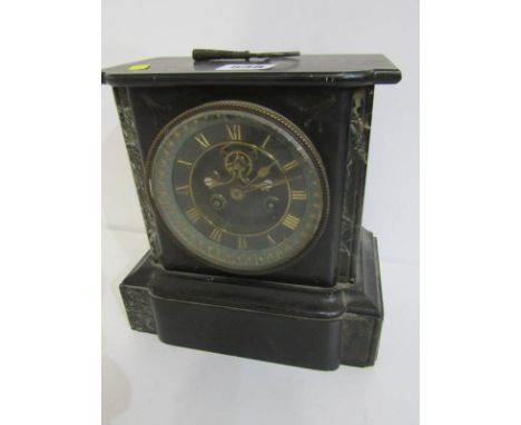 VICTORIAN MANTEL CLOCK, a marble and slate cased mantel clock with open brocade movement on black dial, 20cm height