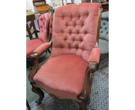 VICTORIAN MAHOGANY CARVED SCROLL AND BUTTON BACK OPEN ARMCHAIR, carved arm support and scroll feet