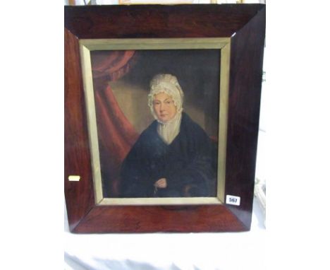 REGENCY PORTRAIT, rosewood framed oil on millboard, "Portrait of lady in white bonnet", 34cm x 26cm