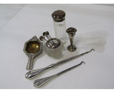 ART DECO TEA STRAINER, 2 silver handled button hooks, silver mounted match holder, vanity jar, etc