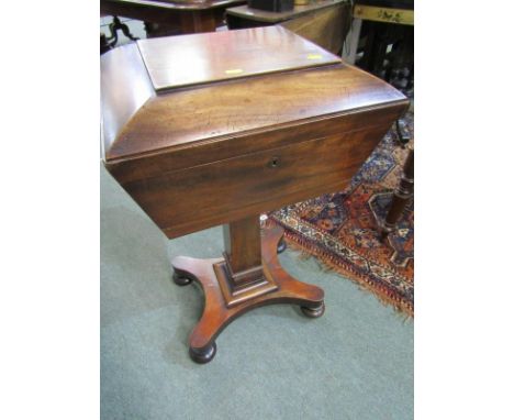 VICTORIAN TEAPOY, a Victorian mahogany veneered teapoy with rising lid and velvet interior fitted with a lower drawer on squa