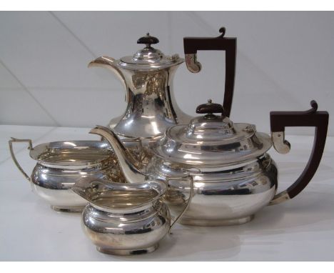 REGENCY DESIGN 4-PIECE SILVER TEA &amp; COFFEE SERVICE, carved fruit wood handles and finials, Birmingham 1930, 1500 grams (i