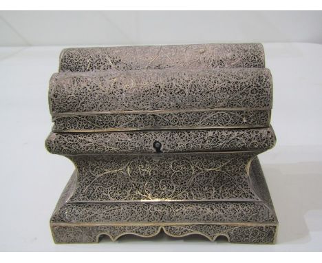 PERSIAN SILVER FILIGREE JEWEL CASKET, ornate domed top (some damage) 542 grams. Length 12cm, Width 9cm, height 11cmDamage and