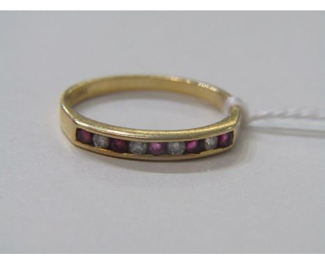 RUBY AND DIAMOND RING, 18ct yellow gold ring set with 5 rubies and 4 diamonds, size O