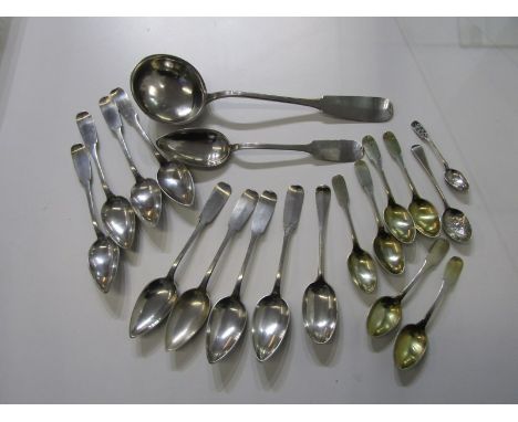 COLLECTION OF CONTINENTAL SILVER AND WHITE METAL SPOONS, including dessert spoons, large ladle etc. 695 grams. Many peices st