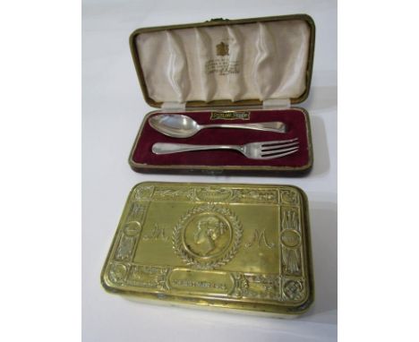 QUEEN MARY CHRISTMAS TIN, 1914 brass World War I Christmas tin, also a sterling silver 2 piece Christening set by E. Viner of