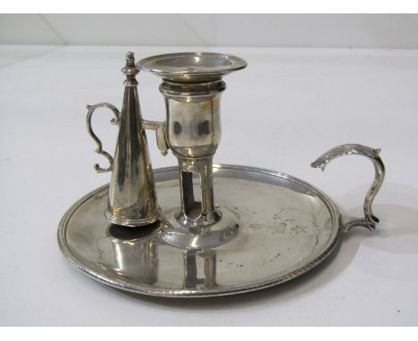 GEORGIAN SILVER CHAMBER STICK & SNUFFER, period engraved cresting and foliate crested handle, London possibly 1771, maker IC,