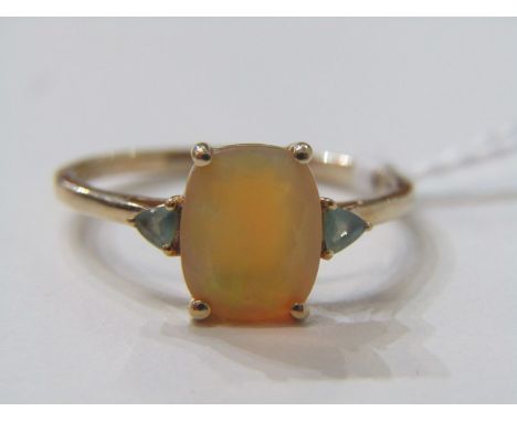 OPAL AND AQUA RING, 9ct yellow gold ring set with an Ethiopian opal with aqua shoulders, ring size R/S