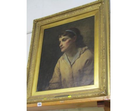 G. MANTON, signed oil on canvas "Portrait of young girl with blue head band - A Sketch from Life", 60cm x 49cm