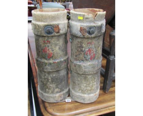 ANTIQUE AMMUNITION CARRIERS, 2 painted ammunition carriers converted to stick stands