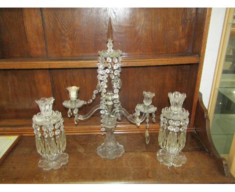 GEORGIAN GLASSWARE, pair of drop lustre, 29cm candlesticks; together with similar twin branch 58cm candelabra