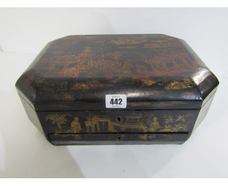 ORIENTAL LACQUER, 19th century octagonal lift up lacquered jewel casket decorated with typical chinoiserie scenes. 36cm width