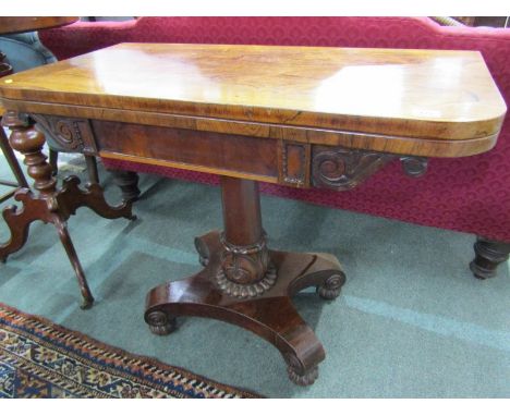 EARLY VICTORIAN ROSEWOOD FOLD TOP CARD TABLE, quatrefoil base with tapering column support, 91cm width