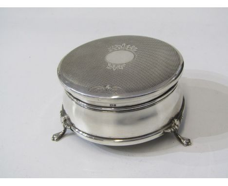 SILVER CIRCULAR JEWEL BOX on 3 claw feet, attractive engine turned decorated lid, Birmingham 1973