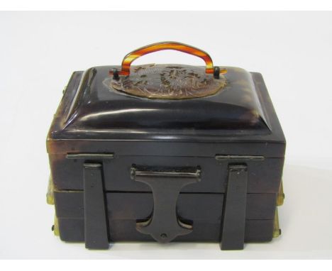 ORIENTAL  MOCK TORTOISESHELL, 3 tier jewel box with pierced and carved dragon handle, 10.5cm widthSlight damage to corner of 
