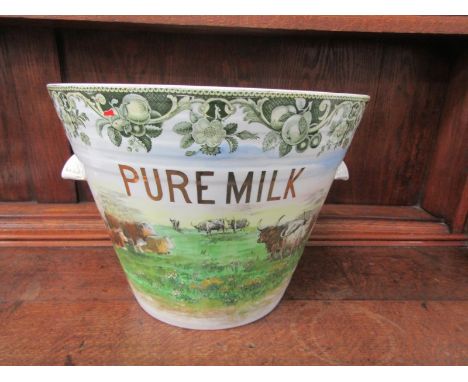 VINTAGE DAIRY, Royal Doulton twin handled conical milk pail, "Pure Milk" with painted transfer decoration, 26cm height 36cm d