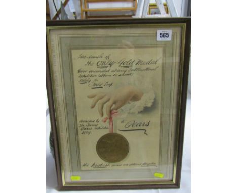 VINTAGE ADVERTISING,  original Pears Soap 1889 Paris Exhibition gold medal framed advert, 38cm x 28cm